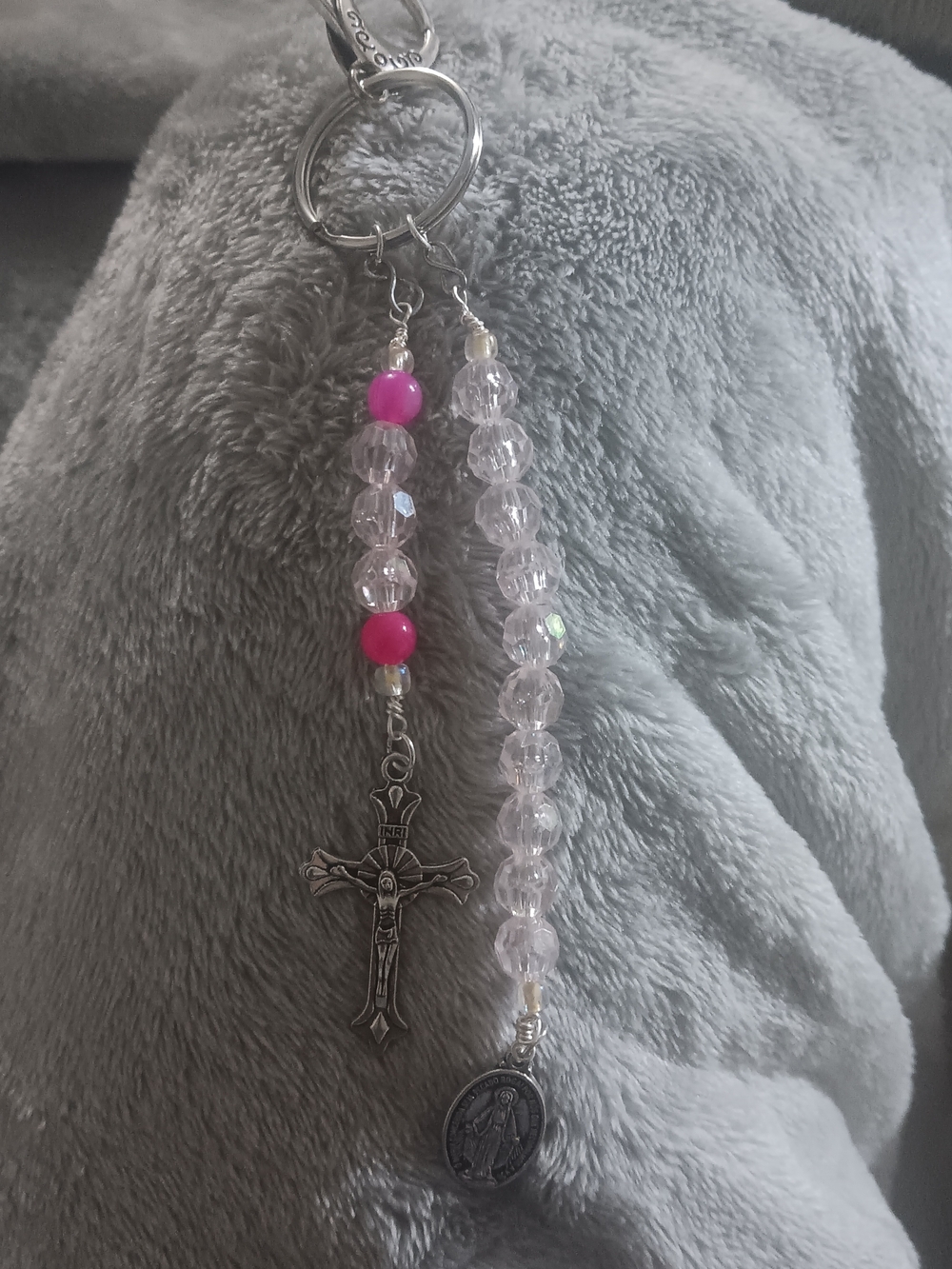 Handmade Pink Bead Rosary Keychain with Religious Cross